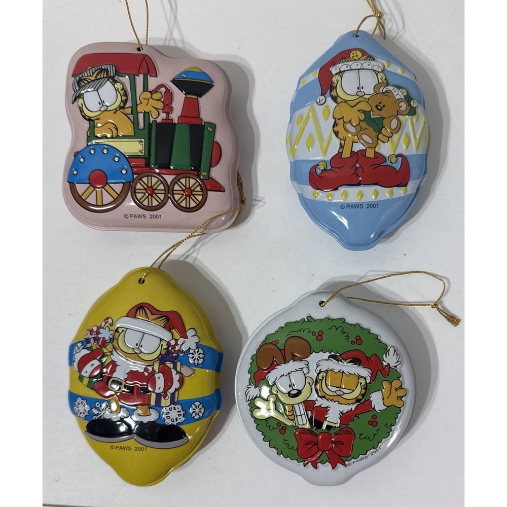 Garfield 2001 Metal Christmas 3-D Ornaments Set Paws Dairy Queen Promotional 4pc